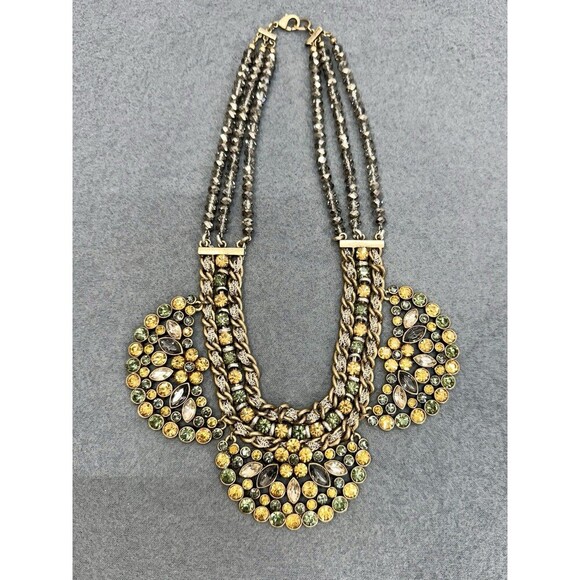 Vintage Statement Rhinestone Collar Necklace Citrine Green Costume 3 Strand Bead - Picture 2 of 9